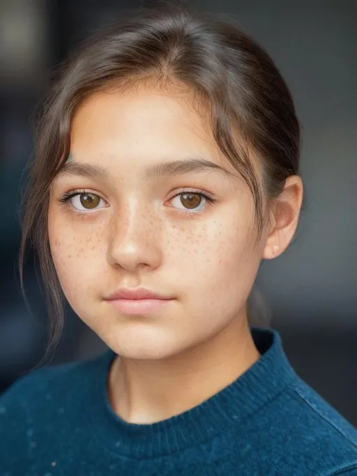 Prompt: photo realistic headshot of beautiful English 12-year-old girl, anorexic, symmetrical square face, wide-spaced eyes, broad square nose, heavyset brow, brown almond-shaped eyes, pinkish dark tan complexion, short wavy black hair, freckles, centered in frame, facing camera, symmetrical face, ideal human, 85mm lens,f8, photography, ultra details, natural light, light background, photo, Studio lighting