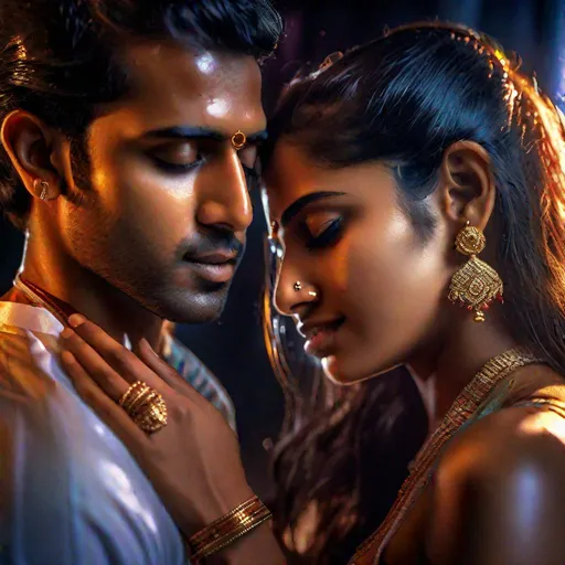 Prompt: Hyperrealistic hyperdetailed HDR photograph in dramatic bright lighting of brother & sister couple enacting a poster for movie 'Ashiqui 2', passionate embrace, transparent bikini blouse, intimate, bindi & mangalsutra, wet, zoomed out, focused on detailed facial expression 