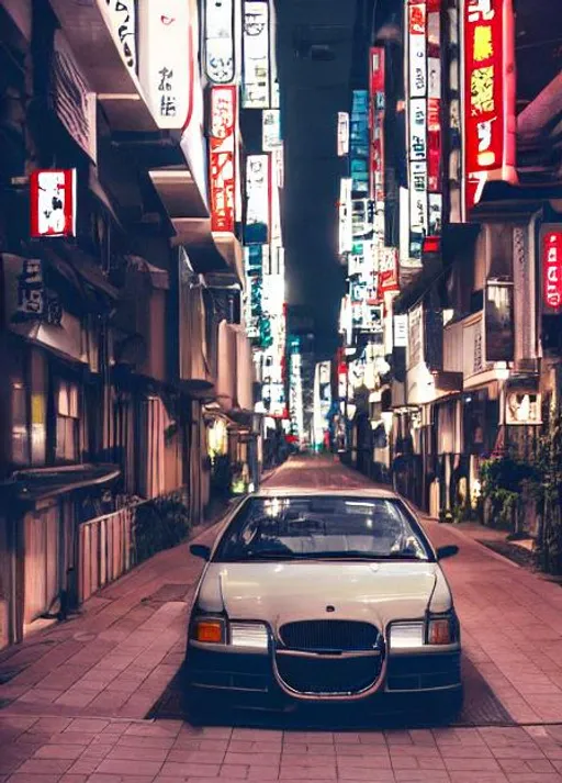 Prompt: Wallpaper of car and aesthetic Japanese street