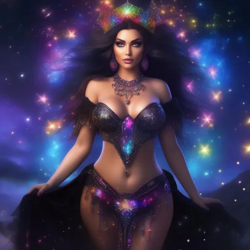 Prompt: A complete body form of a stunningly beautiful, hyper realistic, buxom woman with incredible bright, wearing a colorful, sparkling, dangling, glowing, skimpy, bo-ho, goth style,  flowing, sheer, fairy, witch's outfit on a breathtaking night with stars and colors with glowing, hyper real mythical sprites flying about