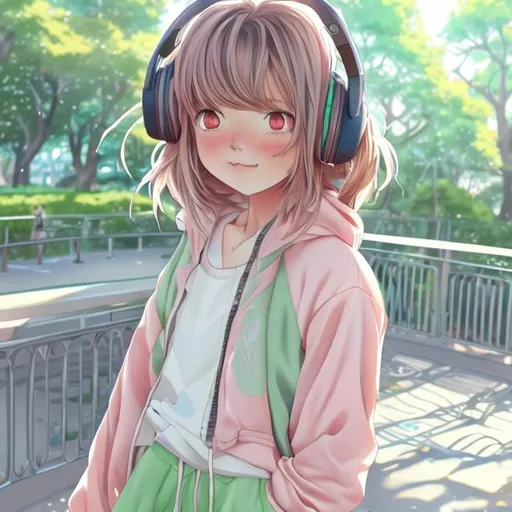 Prompt: anime art of a girl,  wearing pastel green joggers, soft lighting, listening to music, bright colors, in a park, brown hair, dreamy eyes
by artist "anime", Anime Key Visual, Japanese Manga, Pixiv, Zerochan, Anime art, Fantia 