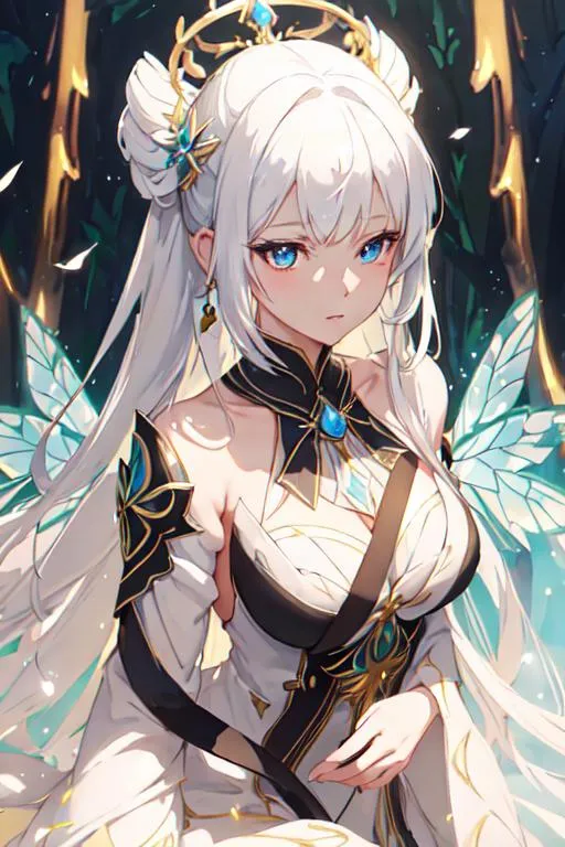 Prompt: A female fairy with soft skin, big dreamy white eyes, beautiful straight white hair, symmetrical, anime eyes wide, soft lighting, detailed face, her wings look like a white monarch butterfly, in a forest, white spaghetti strap dress with ribbons, by makoto shinkai, stanley artgerm lau, wlop, rossdraws, concept art, digital painting, looking into camera.