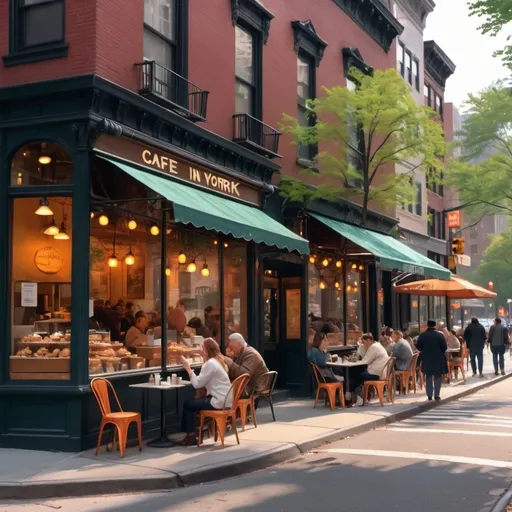 Prompt: (cafe in New York), charming street scene, (cozy atmosphere), bustling city life, warm lighting, vintage decor, outdoor seating, various patrons enjoying coffee, tree-lined street, tall buildings in the background, inviting pastries on display, bustling sidewalk, subtle reflections in windows, (highly detailed), (4K quality), (vibrant colors).