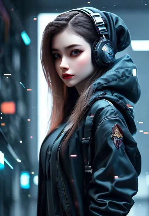 Prompt: ((best quality)), ((masterpiece)), ((realistic)), (detailed) octane render, trending on artstation,illustration photographic, digital painting, attractive, 1girl,hightech hacker, blue lens, masterpiece face,hacker inspired dress,full body,8K quality