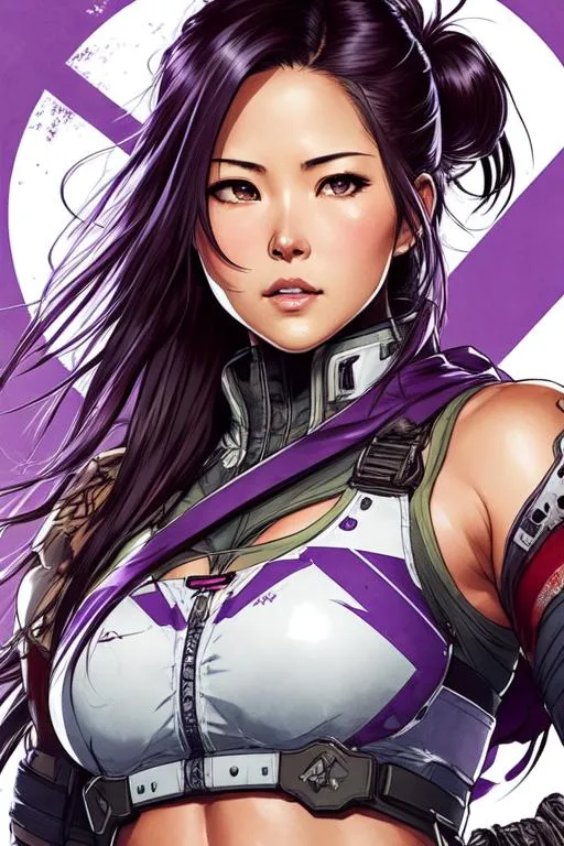 Prompt: (((Yoji Shinkawa))), sticker of ultra detailed portrait of Olivia Munn as a shinobi,  high quality cell shaded illustration in post apocalyptic style by Yoji Shinkawa, ((full body)), dynamic pose, perfect anatomy, purple armor, centered, freedom, soul, black long hair, approach to perfection, cell shading, 4k , cinematic dramatic atmosphere, watercolor painting, global illumination, detailed and intricate environment, artstation, concept art, fluid and sharp focus, volumetric lighting, cinematic lighting, Art by Yoji Shinkawa,