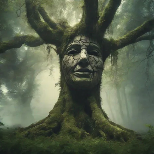 Prompt: tree with a human face in a large ancient forest overgrown with magic ruins ambiance
