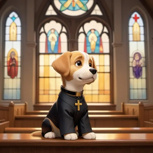 Prompt: Skinny golden Sato puppy pastor wearing a priest collar and black suit, Pixar style, church setting, stained glass windows, warm and inviting lighting, detailed short fur with vibrant colors, friendly and kind facial expression, wooden pews, peaceful atmosphere, best quality, lowres, ultra-detailed, Pixar, warm tones, detailed eyes, inviting ambiance