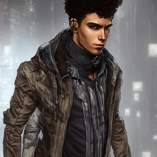 Prompt: a male character wearing a cyberpunk outfit with curly hair and tan skin tone