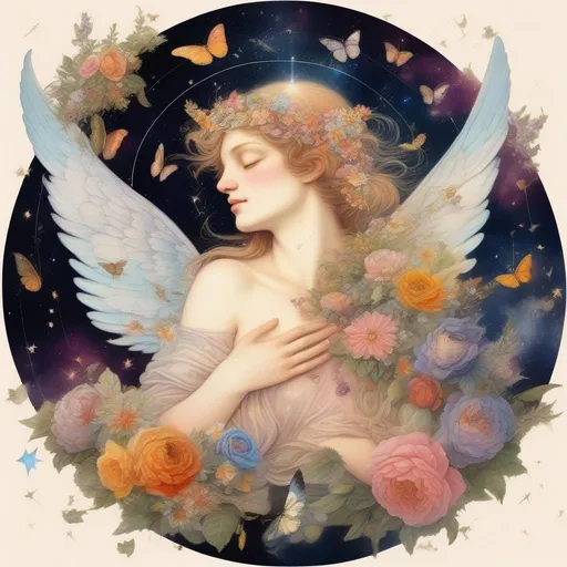 Prompt: Colorful and beautiful Eros with angel wings and Psyche with butterfly wings dressed in flowers in the sky together embracing each other,  surrounded by clouds and birds in flight framed by constellations and stars