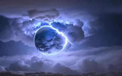 Prompt: Detailed 3D Blue Lightening with Storm clouds inside a sphere, intricate details, hyperdetailed, hyperrealistic,  HD, CG, Wallpaper, Night sky, raining