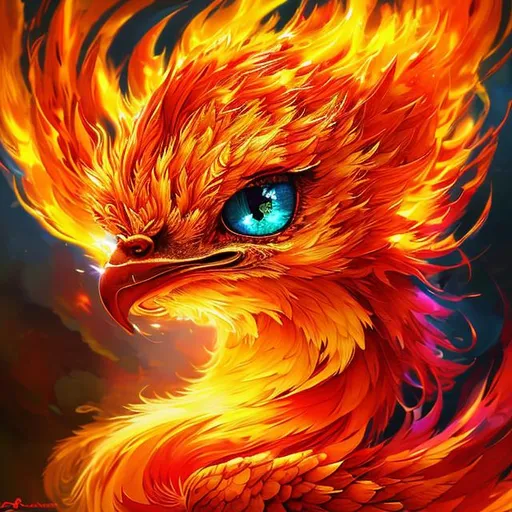 Prompt: cute flaming phoenix bird, rainbow colours, sparkling eyes, embers in her eyes, shining eyes, sharp features, big flowing fiery feathers, sunrise background, highly detailed, digital painting, artstation, concept art, smooth, sharp focus, beautiful feathers, expressive eyes, illustration, art by Artgerm and greg rutkowski and alphonse mucha
