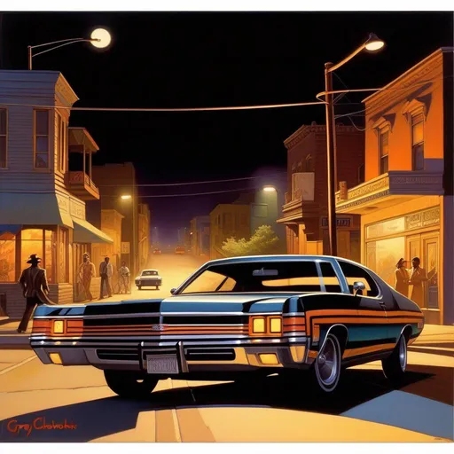 Prompt: 1970s, Liberty City at night, car chase, warm atmosphere, cartoony style, extremely detailed painting by Greg Rutkowski and by Henry Justice Ford and by Steve Henderson