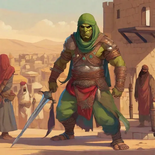 Prompt: Whole body of an orc warrior in arabian armor. he wears an ottoman helmet. In background a beduin village. D&D art. rpg art. 2d art. 2d.