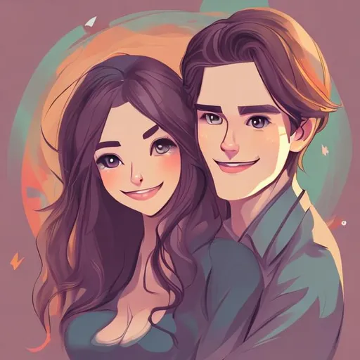 Prompt: beautiful pregnant woman with long hair, handsome tall man with short hair and round face, loving couple, posing for a photo, simple digital art, picture for a book cover, perfect face, anime sketch colorful