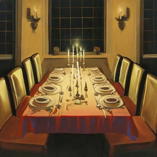 A painting of a table set for a candlelit dinner at... OpenArt