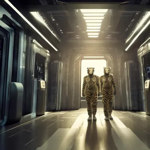 Prompt: tiger security guards in an alien bank vault interior, widescreen, infinity vanishing point, surprise me