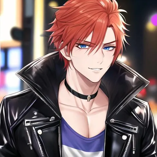 Prompt: Erikku 1male (short ginger hair, freckles, sharp and sassy purple and blue eyes), highly detailed face, 8K, Insane detail, best quality, UHD, handsome, flirty, Highly detailed, insane detail, high quality. Hollywood, famous, leather jacket, tight ripped black jeans, black jewelry, black choker, actor, black sunglasses