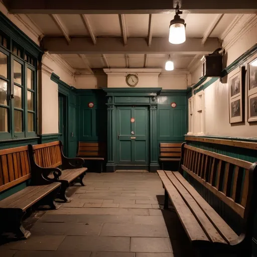 Prompt: an small, old railway station waiting room at Queenstown road, Battersea, London with wooden benches and a gas light, gas fireplace haunted by soldiers of the second world war. Night-time with warm dim light