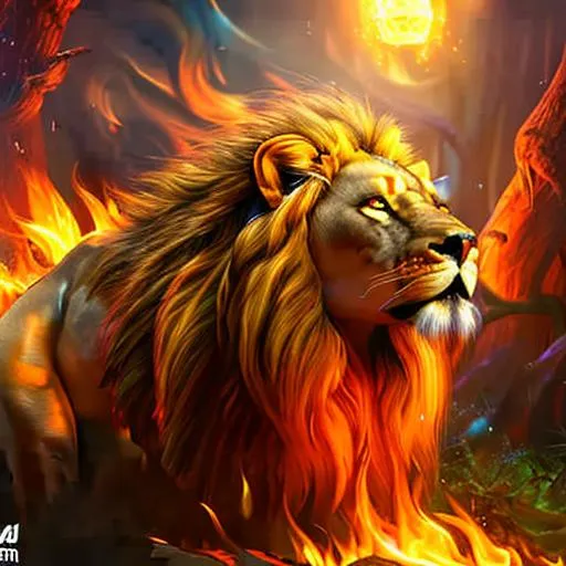 Prompt: Lion, royal crown, beautiful fire mage in a magical forest, 4k, Highly Detailed, Masterpiece, royal jewelry, Digital Illustration, Cinematic Lighting, Realistic, Sharp Focus, Centered, Beautifully Lit, Bioluminescent by Stanley Artgerm Lau