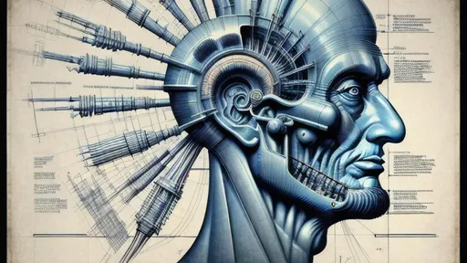 Prompt: technical drawing blueprint Futurism art style infographics exploded view of  biomechanical head of abraham lincoln by hr giger combined with Zdzislaw Beksinski and Ed Binkley, retro, infographics, marginalia, detailed exploded view, 1950's popular mechanics poster, retrofuturistic
