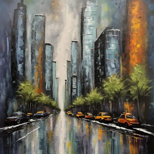 Prompt: A rainy day in The city of new your painting looking at a city street with tall sky scrapers on the side with trees growing out of the skyscrapers painting textured abstract 
