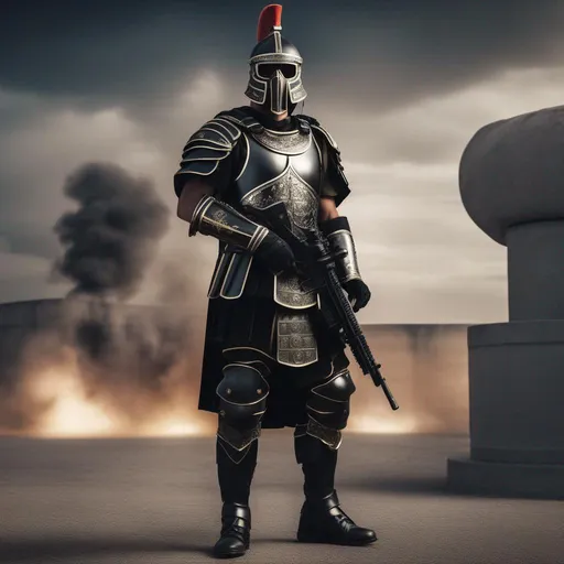 Prompt: A modern roman military male in black military armor galea helmet of roman armor, with a gunfire and gas mask, background military base, FULL BODY, Hyperrealistic, sharp focus, Professional, UHD, HDR, 8K, Render, electronic, nervous vibe, loud, tension, dark, Epic