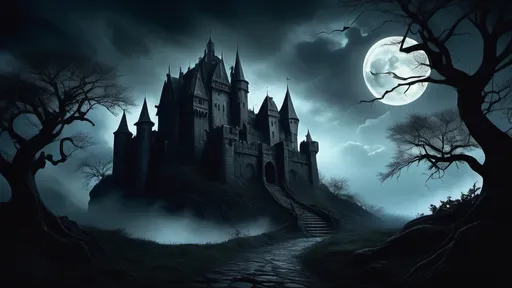 Prompt: Haunted Castle on a hill, (fantasy style), dark and moody color scheme, misty atmosphere, eerie lighting illuminating the castle's silhouette, ominous clouds swirling overhead, twisted trees framing the scene, intricate stone textures, full moon casting a glow, twilight shadows, (ultra-detailed), cinematic depth, evocative ambiance, hauntingly beautiful surroundings.