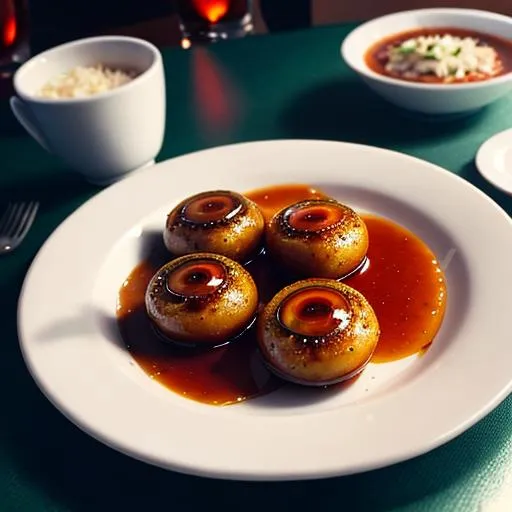 Prompt: A plate of human eyeballs with  sauce, chic cuisine, (Masterpiece, top quality, best quality, official art, beautiful and aesthetic:1.2), cinematic shot, centered, Instagram able, ultra detailed, intricate, (epic composition, epic proportion), volumetric lighting, warm color, award winning, photography