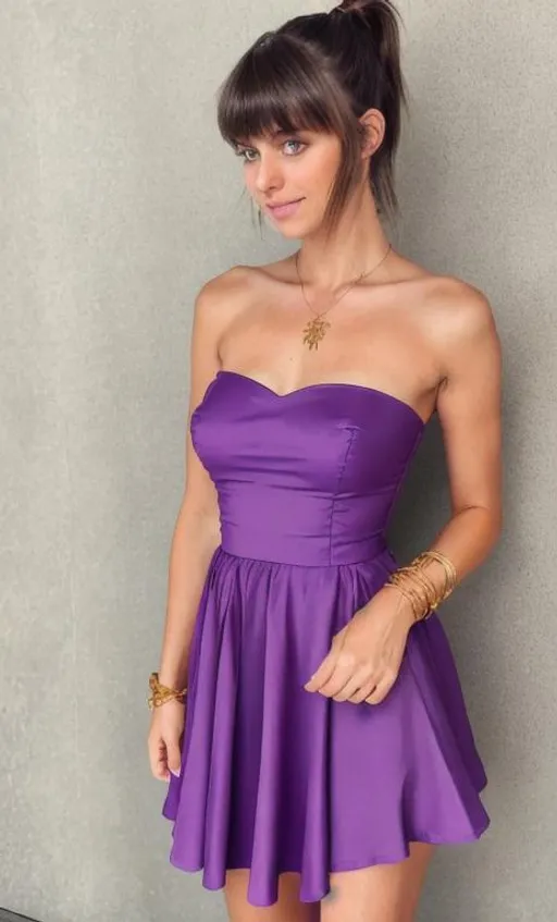 Prompt: Brown hairgirl, ponytail with bangs, strapless purple dress, clevage, golden bracelets 