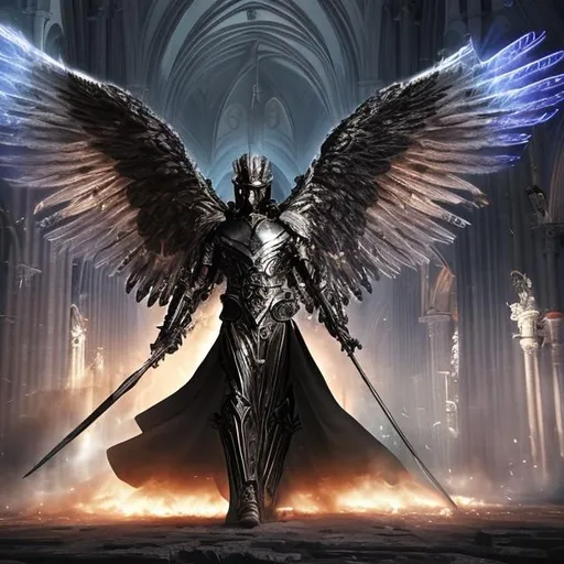 Prompt: An archangel making a last stand in front of a spired cathedral.