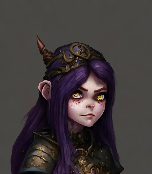 Prompt: A fantasy portrait of a cute but sinister looking, and freckled female gnome sorceress, pathfinder