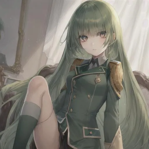 Prompt: young girl saphir shining eyes, long green hair, uniform