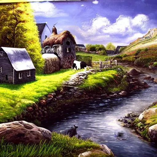 Prompt: 3D hyper realistic quaint looking farm cottage at the bottom of a rock precipice, slick textured looking oil painting, cinematic, picturesque looking vegetation, a small stream running by the house, a small black and white cow off in the back of the picture drinking from the stream, a nice sunny spring day 