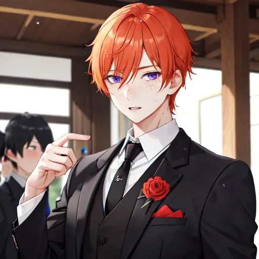 Prompt: Erikku 1male (short ginger hair, freckles, right eye blue left eye purple) wearing black suit at a wedding