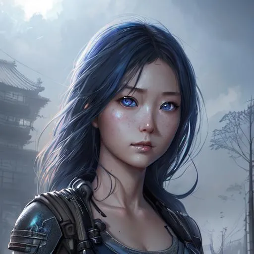 Prompt: Ultra Photo Realistic, Very Detailed, beautiful young japanese woman, blue eyes, smirking , very detailed eyes, hd, high definition, 8k resolution, art station, by justing gerard and greg rutkowski, digital art, Apocalypse theme background