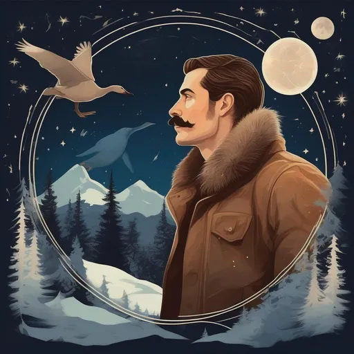 Prompt: A profile beautiful and colourful picture of a handsome man with brunette hair and a mustach, is surrounded by Sitka Spruce trees, a brown bear, and a goose in flight, framed by the moon and constellations, in a painted style