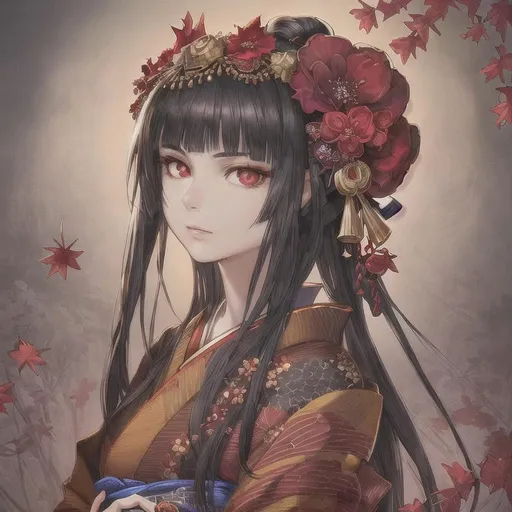 Prompt: asterpiece, illustration, best quality:1.2), 1girl, solo, black hair, dignfied, finely detailed, detailed face, toned face, beautiful detailed eyes, beautiful detailed shading, beautifully detailed background, red eyes, fallen leaf, autumn, red kimono, flower hair ornament