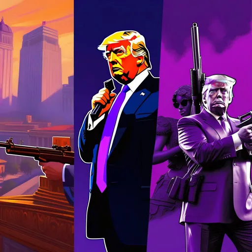 Prompt: Trump in Saints Row, guns, cartoony, purple atmosphere, extremely detailed painting by Greg Rutkowski and by Henry Justice Ford and by Steve Henderson
