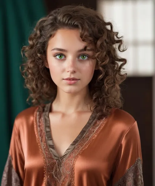 Prompt: 25-year-old female with green eyes, curly dark brown hair, wearing a silk tunic, cute and perky upturned nose, tanned skin, high-quality, realistic, detailed eyes, curly hair, silk fabric, elegant, warm lighting, intricate design clothes