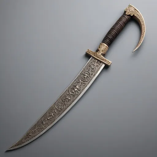 Prompt: An ornate Norse curved scimitar with horse iconography 