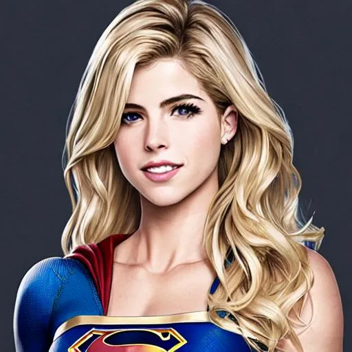 Prompt: cartoon drawing of emily bett rickards as supergirl