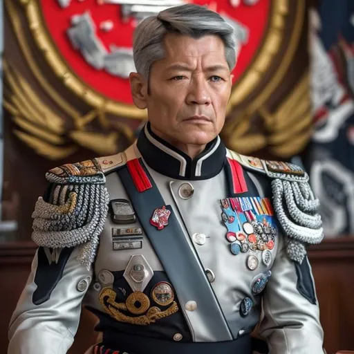 Prompt: General of the space vessel, middle-aged, around 50 years old, with short silver hair that subtly accentuates his experience. He possesses a strong and resolute countenance, displaying an expression of pride and trustworthiness. He is clad in an impressive military uniform adorned with decorations and medals. The general stands in the command center of the spacecraft, with futuristic control panels in the background. Soft blue light from the screen illuminates his face, emphasizing his authority. His eyes shine with determination and a commitment to defending the territory of space. This work is intended to incorporate as many details and realism as possible to faithfully capture the character and position of the general.