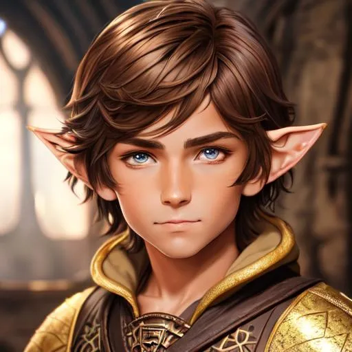 Prompt: oil painting, fantasy, hobbit boy, tanned-skinned-male, beautiful, short bright brown hair, straight hair, stoic, pointed ears, looking at the viewer, thief wearing intricate leather amor, #3238, UHD, hd , 8k eyes, detailed face, big anime dreamy eyes, 8k eyes, intricate details, insanely detailed, masterpiece, cinematic lighting, 8k, complementary colors, golden ratio, octane render, volumetric lighting, unreal 5, artwork, concept art, cover, top model, light on hair colorful glamourous hyperdetailed medieval city background, intricate hyperdetailed breathtaking colorful glamorous scenic view landscape, ultra-fine details, hyper-focused, deep colors, dramatic lighting, ambient lighting god rays, flowers, garden | by sakimi chan, artgerm, wlop, pixiv, tumblr, instagram, deviantart