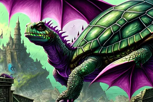 Prompt: Insanely detailed Dragon Turtle, Besieging a coastal city, Pathfinder, Dungeons & Dragons, Bestiary, Vivid and Intricate Details, Hyperdetailed, Photorealism, Film Quality, Horror, Fantasy, Dark Fantasy, WLOP, Greg Rutkowski, cool colors, deep color, green and magenta, 4K, tornadic, thunderstorm