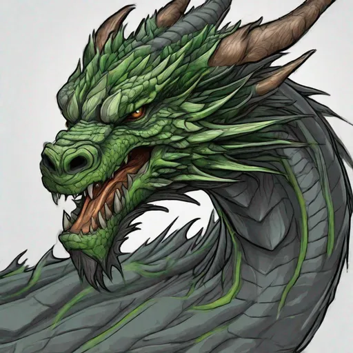 Prompt: Concept design of a dragon. Dragon head portrait. Coloring in the dragon is predominantly dark gray with forest green streaks and details present.