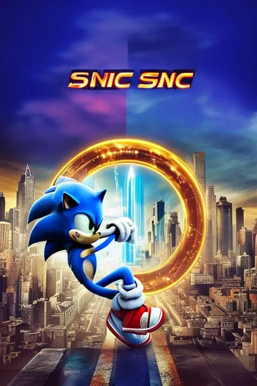 Prompt: sonic con un anillo en la ciudad con rayos y on el diseño de la pelicula