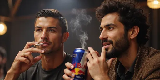 Prompt: Cristiano Ronaldo smokes cigarettes while Georgina and Mohamed Salah drinks Red Bull