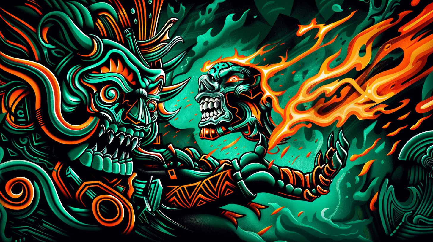 Prompt: 3d illustration of a flaming monster with ndebele-inspired motifs battling a face, primarily using green and black colors on a panoramic scale sheet film --ar 16:9 --sref https://s.mj.run/hrASv3g4q6s --stylize 0