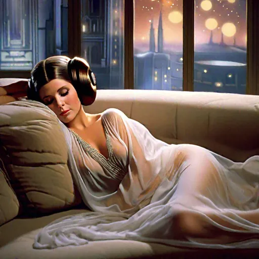 Prompt: Princess Leia fall asleep on the couch laying down wearing slightly revealing see through nightgown in the living room 