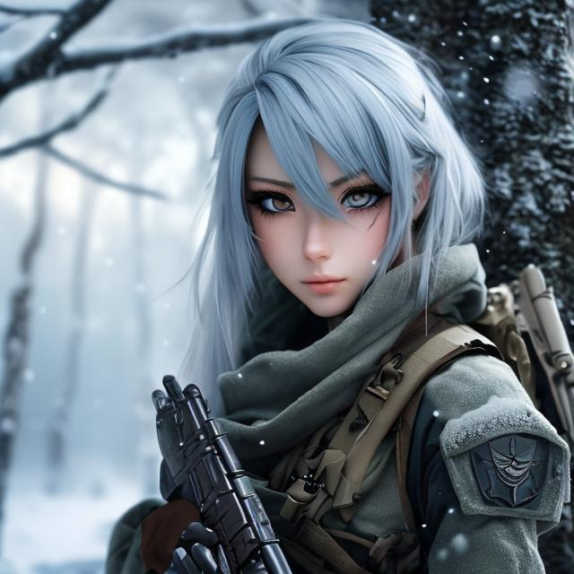 A anime female soldier ready to ambush in a snowy fo...